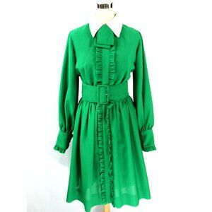 Vintage Les Wilk Collared Belted Ruffle Midi Secretary Geek Dress Green 1960s M